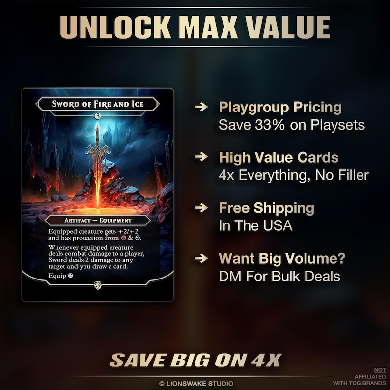 May include: A trading card featuring the "Sword of Fire and Ice" with a fantasy art design. The card has a black border and includes text about the artifact's abilities. The image also includes the text "Unlock Max Value" and "Save Big on 4X".