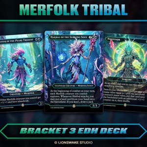 May include: Three fantasy trading cards featuring Merfolk characters. The cards display vibrant artwork of aquatic beings with detailed illustrations and text. The top text reads "MERFOLK TRIBAL". The bottom text reads "BRACKET 3 EDH DECK".