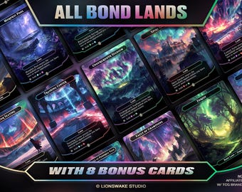 Puede incluir: Un conjunto de cartas de juego de cartas coleccionables con paisajes de fantasía y texto. Las cartas están etiquetadas como "ALL BOND LANDS" y "WITH 8 BONUS CARDS". Las cartas presentan varios estilos artísticos y descripciones de texto.