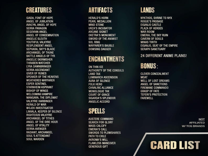 May include: A card list with categories like Creatures, Artifacts, Enchantments, Spells, Lands, and Bonus. The list includes names such as "Angel of Jubilation", "Herald's Horn", and "On Thin Ice". The card list is on a dark background.