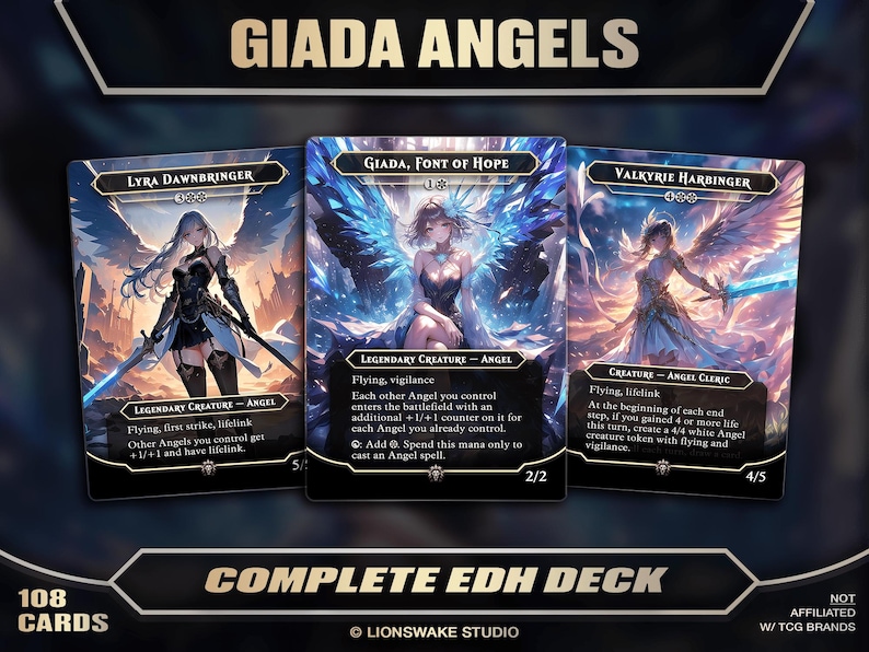 May include: Three fantasy trading cards featuring angel illustrations. The cards are labeled "Lyra Dawnbringer", "Giada, Font of Hope", and "Valkyrie Harbinger". The text "Complete EDH Deck" and "108 Cards" are also visible.