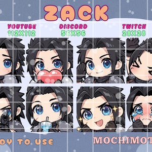 Könnte beinhalten: Eine Sammlung von acht digitalen Kunst-Emotes im Chibi-Stil, die einen Charakter namens Zack mit schwarzen Haaren und blauen Augen zeigen. Die Emotes sind für Plattformen wie YouTube, Discord und Twitch konzipiert, mit dem Text "READY TO USE" und "MOCHIMOTES".