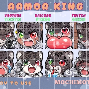 May include: A collection of eight cartoon jaguar emotes with various expressions, including holding a gun, crying, and holding a heart. The emotes are in a grid layout with the text "ARMOR KING", "YOUTUBE 112X112", "DISCORD 56X56", "TWITCH 28X28", "READY TO USE", and "MOCHIMOTES".