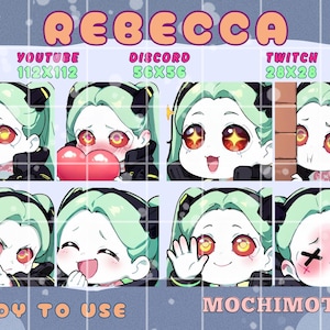 May include: A digital sticker sheet featuring eight chibi-style character emotes of a person with mint green hair and red eyes. The emotes display various expressions including drinking, holding a heart, excitement, peeking, holding a red gun, laughing, waving, and a defeated face with X-shaped eyes. Text includes REBECCA, YOUTUBE 112x112, DISCORD 56x56, TWITCH 28x28, READY TO USE, and MOCHIMOTES.