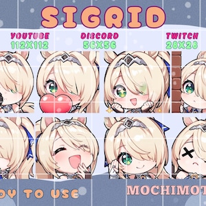 Könnte beinhalten: Ein digitales Sticker-Set mit acht Chibi-Emotes eines blonden Charakters mit grünen Augen und silbernem Kopfschmuck. Der Text enthält SIGRID, YOUTUBE 112x112, DISCORD 56x56, TWITCH 28x28, READY TO USE und MOCHIMOTES.