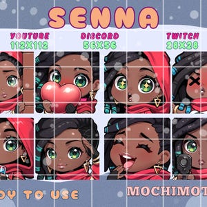 Könnte beinhalten: Eine Sammlung digitaler Emotes zum Thema Senna. Jedes Emote zeigt eine Cartoon-Figur mit dunkler Haut, grünen Augen und schwarzen Haaren, die eine rote Kapuze und einen Schal trägt. Emotes zeigen verschiedene Ausdrücke und Aktionen, mit Texten wie "SENNA", "YOUTUBE", "DISCORD", "TWITCH", "READY TO USE" und "MOCHIMOTES".