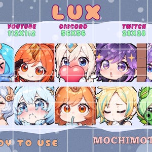 Op de afbeelding: Een digitale collectie van tien emotes in chibi-stijl met het label LUX, met diverse uitdrukkingen zoals huilen, blozen en het vasthouden van een hart. De tekst bevat YOUTUBE 112x112, DISCORD 56x56, TWITCH 28x28, READY TO USE en MOCHIMOTES.