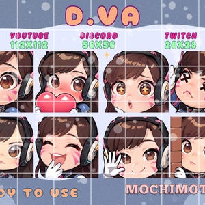 Könnte beinhalten: Ein digitales Sticker-Set mit acht Chibi-Emotes mit verschiedenen Ausdrücken, darunter Trinken, Herz halten, Sternenaugen, X-Augen, Waffe halten, Lachen, Winken und Hervorschauen. Text beinhaltet D.VA, YOUTUBE 112x112, DISCORD 56x56, TWITCH 28x28, READY TO USE und MOCHIMOTES.