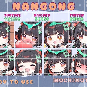 Könnte beinhalten: Digitalgrafik mit Anime-Charakterporträts mit verschiedenen Ausdrücken. Die Figur hat schwarze Haare, rote Akzente und grüne Schleifen. Der Text enthält "NANGONG", "YOUTUBE 112X112", "DISCORD 56X56", "TWITCH 28X28", "READY TO USE" und "MOCHIMOTES".