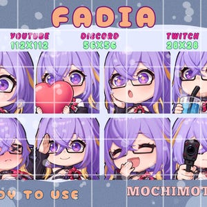 Conjunto de gestos NDE Fadia | Emotes adorables de Neverness to Everness para Twitch y Discord | Chica sexy con gafas y cabello morado | Paquete para streamers | Emote kawaii para VTuber