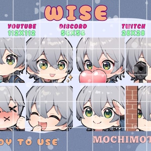 Könnte beinhalten: Eine Sammlung von acht Cartoon-Emotes mit einem Charakter mit grauem Haar und grünen Augen. Die Emotes zeigen verschiedene Ausdrücke und Aktionen, darunter Trinken, Zwinkern und das Halten einer Waffe. Text beinhaltet "WISE", "YOUTUBE 112X112", "DISCORD 56X56", "TWITCH 28X28", "READY TO USE" und "MOCHIMOTES".