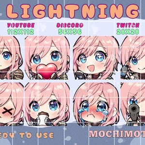 May include: A collection of eight anime-style character emotes with pink hair and blue eyes. The emotes display various expressions, including joy, sadness, and holding a heart. Text at the top reads "LIGHTNING", with platform sizes for YouTube, Discord, and Twitch.