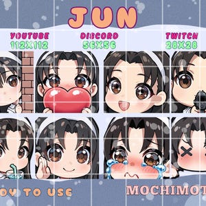 Può includere: Una griglia di otto emoticon di personaggi anime in stile chibi con varie espressioni. Le emoticon sono etichettate per l'uso su YouTube, Discord e Twitch. La parola "JUN" è in alto e "READY TO USE" e "MOCHIMOTES" sono in basso.