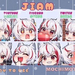 Può includere: Una collezione di otto emote in stile anime con un personaggio con capelli bianchi e accenti rossi. Le emote mostrano varie espressioni, tra cui bere, sorpresa e rabbia. Il testo include "JIAM", "Youtube 112x112", "Discord 56x56", "Twitch 28x28", "READY TO USE" e "MOCHIMOTES".