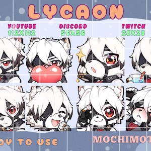 Könnte beinhalten: Eine Sammlung digitaler Emotes im Lycaon-Design. Die Emotes zeigen einen Waschbär-ähnlichen Charakter mit weißem Fell, schwarzen Markierungen und roten Augen in verschiedenen Posen und Ausdrücken. Text beinhaltet "LYCAON", "YOUTUBE", "DISCORD", "TWITCH", "READY TO USE" und "MOCHIMOTES".