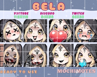 Könnte beinhalten: Acht digitale Emoticons im Chibi-Stil, die eine Figur mit blonden Haaren und einer schwarzen Kapuze mit verschiedenen Gesichtsausdrücken darstellen. Die Emoticons sind für YouTube, Discord und Twitch konzipiert. Der Text lautet "READY TO USE" und "MOCHIMOTES".