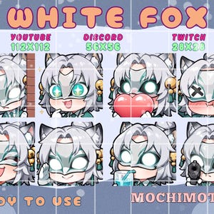 Könnte beinhalten: Acht "White Fox" Emotes mit verschiedenen Ausdrücken, geeignet für YouTube, Discord und Twitch. Die Emotes zeigen einen weißen Fuchs-Charakter mit verschiedenen Gesichtsausdrücken. Text enthält "READY TO USE" und "MOCHIMOTES", mit angegebenen Abmessungen für jede Plattform.