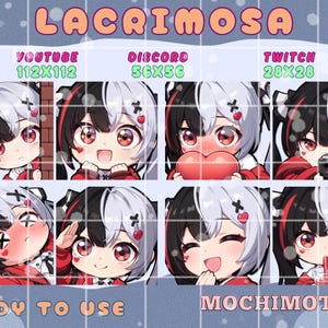 Conjunto de emoticonos NDE Lacrimosa | Emoticonos adorables de Neverness to Everness para Twitch y Discord | Chica de pelo blanco y negro | Paquete para streamers | Emoticonos kawaii para VTubers