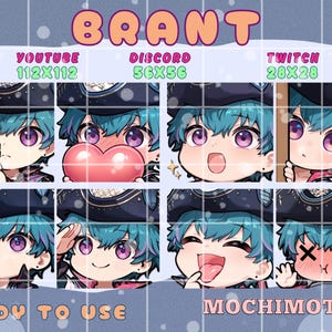 Könnte beinhalten: Acht digitale Kunst-Emotes im Chibi-Stil, die eine Figur mit türkisfarbenen Haaren und lila Augen zeigen. Die Emotes sind in einem Raster angeordnet, mit dem Namen "BRANT" und den Texten "READY TO USE" und "MOCHIMOTES".