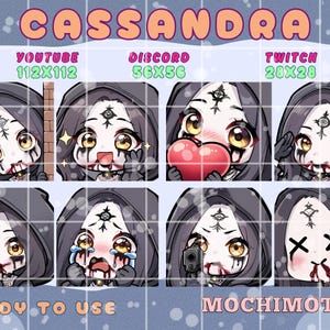 May include: A collection of eight chibi-style digital art emotes featuring a character named Cassandra. The emotes display various expressions, including joy, sadness, and holding a heart. The text "Cassandra", "YouTube 112x112", "Discord 56x56", "Twitch 28x28", "Ready to Use", and "Mochimotes" are included.