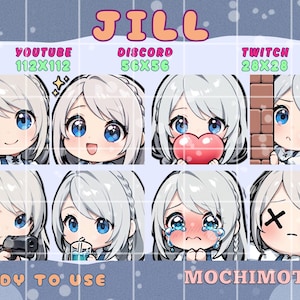 Könnte beinhalten: Eine Sammlung von acht Emotes im Anime-Stil mit einem Charakter mit silbernen Haaren und blauen Augen. Die Emotes zeigen verschiedene Ausdrücke, darunter glücklich, traurig und ein Herz haltend. Text enthält "JILL", "YOUTUBE 112X112", "DISCORD 56X56", "TWITCH 28X28", "READY TO USE" und "MOCHIMOTES".