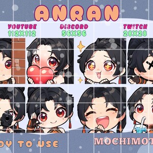 Puede incluir: Una hoja digital de ocho emoticonos estilo chibi que muestran a una persona con cabello negro y ojos rojos en varias expresiones. El texto incluye ANRAN, YOUTUBE 112x112, DISCORD 56x56, TWITCH 28x28, READY TO USE y MOCHIMOTES sobre un fondo de cuadrícula azul claro.