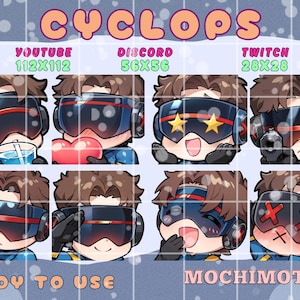 May include: A digital sticker sheet titled CYCLOPS featuring eight chibi-style character illustrations. The character wears a dark blue suit and a large black visor with a red stripe. Expressions include drinking, holding a heart, star eyes, and a gun.