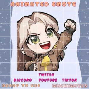 May include: Animated emote featuring a cartoon character with brown hair and a brown jacket, raising a fist. The emote has large green eyes and a joyful expression. Text includes "Animated Emote", "Discord", "Twitch", "Youtube", "TikTok", "Ready to Use", and "Mochimotes".