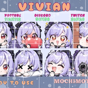 Könnte beinhalten: Eine Sammlung von Chibi-Stil-Digital-Art-Emotes mit einem Charakter namens Vivian. Die Emotes zeigen verschiedene Ausdrücke, darunter Trinken, ein Herz halten und eine Waffe halten. Der Text "READY TO USE" und "MOCHIMOTES" ist ebenfalls vorhanden.