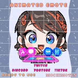 Puede incluir: Emoticón animado con un personaje de dibujos animados con grandes ojos azules y cabello castaño. El personaje interactúa con una interfaz pixelada. El texto incluye "Animated Emote", "Discord", "Twitch", "YouTube", "TikTok", "Ready to Use" y "Mochimotes".