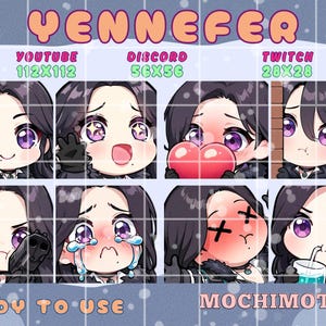 Peut inclure: Ensemble d'émoticônes numériques sur le thème de Yennefer pour YouTube, Discord et Twitch. Chaque émoticône représente un personnage de dessin animé aux cheveux noirs et aux yeux violets, exprimant diverses émotions. Les émoticônes sont étiquetées avec leurs tailles de plateforme.