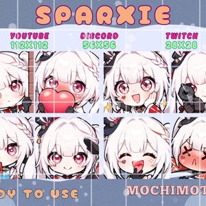 Puede incluir: Una colección de ocho emotes de arte digital estilo chibi, con un personaje de pelo blanco y ojos rosas. Los emotes están diseñados para plataformas como YouTube, Discord y Twitch, con el texto "SPARXIE" en la parte superior.