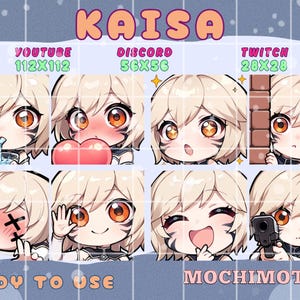Op de afbeelding: Een digitale stickerset met acht chibi-stijl illustraties van een personage genaamd Kaisa met blond haar en oranje ogen. De set bevat diverse uitdrukkingen zoals drinken, blozen met een hart, gluren en het vasthouden van een pistool. Tekst bevat KAISA, YOUTUBE 112X112, DISCORD 56X56, TWITCH 28X28, READY TO USE en MOCHIMOTES.