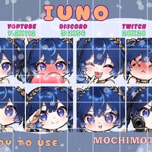 Puede incluir: Una cuadrícula de ocho emoticonos de arte digital estilo chibi con un personaje de pelo azul y ojos morados. Los emoticonos muestran varias expresiones, con texto que dice "IUNO", "YOUTUBE 112X112", "DISCORD 56X56", "TWITCH 28X28", "READY TO USE" y "MOCHIMOTES".