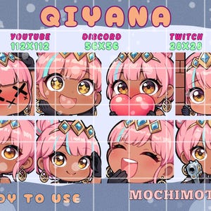 Könnte beinhalten: Ein digitales Sticker-Set mit acht Chibi-Charakter-Ausdrücken von Qiyana mit rosa Haaren und einer goldenen Krone. Das Set enthält Beschriftungen für YouTube 112x112, Discord 56x56 und Twitch 28x28 sowie den Text Ready to Use und Mochimotes am unteren Rand.
