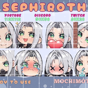 Könnte beinhalten: Eine Sammlung von acht Emotes im Chibi-Stil mit einem Charakter mit silbernen Haaren und grünen Augen. Die Emotes sind für Plattformen wie YouTube, Discord und Twitch konzipiert. Der Text "SEPHIROTH" steht oben.