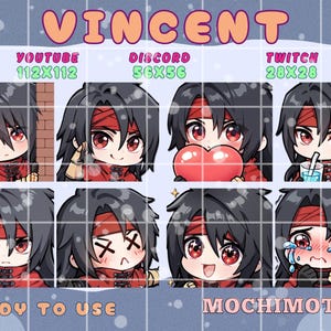 May include: A digital art graphic featuring a character named Vincent in various chibi-style emotes. The emotes are designed for use on platforms like YouTube, Discord, and Twitch, with specified dimensions. The text "READY TO USE" and "MOCHIMOTES" are also included.