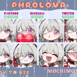 May include: A collection of eight chibi-style digital art emotes featuring a character with gray hair, a red outfit, and a white eye patch. The emotes display various expressions, including holding a gun, a heart, and a drink. Text includes "PHROLOVA", "READY TO USE", and "MOCHIMOTES".