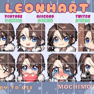 Peut inclure: Ensemble de huit emotes de style chibi, représentant un personnage aux cheveux bruns et aux yeux bleus. Les emotes sont conçues pour des plateformes comme YouTube, Discord et Twitch, avec diverses expressions et poses. Le texte comprend "READY TO USE".