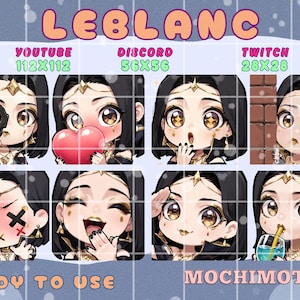 May include: A digital sticker set titled LEBLANC MOCHIMOTES featuring eight chibi-style character expressions. The character has black hair, gold headpieces, and gold earrings. Expressions include holding a gun, a heart, surprised, peeking, X-eyes, laughing, saluting, and drinking from a glass.