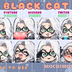 Könnte beinhalten: Eine Sammlung digitaler Emotes zum Thema Black Cat. Jedes Emote zeigt einen Cartoon-Charakter mit weißen Haaren, einer schwarzen Maske und grünen Augen. Die Emotes sind für Plattformen wie YouTube, Discord und Twitch konzipiert.