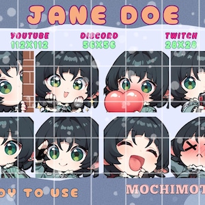 May include: Digital art featuring a collection of anime-style character emotes. The emotes showcase a character with black hair and green eyes in various expressions, including shy, happy, and angry. Text includes "JANE DOE", "YOUTUBE 112X112", "DISCORD 56X56", "TWITCH 28X28", "READY TO USE", and "MOCHIMOTES".