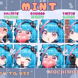 Conjunto de emoticonos NDE Mint | Emoticonos adorables de Neverness to Everness para Twitch y Discord | Chica gato sexy de pelo azul | Paquete para streamers | Emoticonos kawaii para VTubers