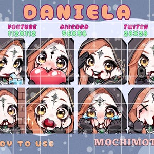 May include: A collection of Daniela-themed emotes, featuring a character with auburn hair and a black hooded cloak. The emotes display various expressions and actions, including drinking, holding a heart, and holding a gun. Text includes "DANIELA", "READY TO USE", and "MOCHIMOTES".