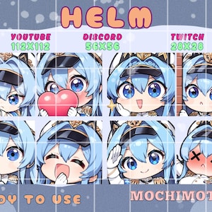 Könnte beinhalten: Eine Sammlung von acht Anime-Charakter-Emotes mit hellblauen Haaren und blauen Augen, die eine Uniformmütze tragen. Die Emotes sind für die Verwendung auf Plattformen wie YouTube, Discord und Twitch konzipiert. Der Text "HELM", "READY TO USE" und "MOCHIMOTES" ist enthalten.