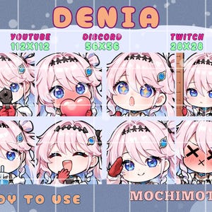May include: A collection of chibi-style digital art emotes featuring a character with pink hair and blue eyes. The emotes are designed for use on platforms like YouTube, Discord, and Twitch, with various expressions and poses. Text includes "DENIA", "READY TO USE", and "MOCHIMOTES".
