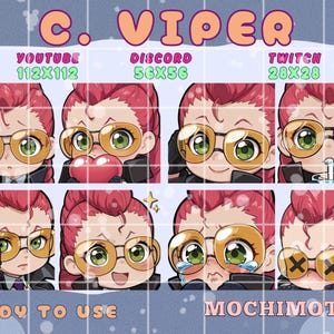 May include: A collection of eight anime-style emotes featuring a character with red hair and gold-rimmed glasses. The emotes display various expressions, including holding a heart, crying, and holding a gun. Text includes "C. VIPER", "READY TO USE", and "MOCHIMOTES".