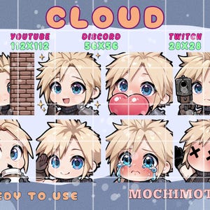 Könnte beinhalten: Eine Sammlung von acht digitalen Kunst-Emotes im Chibi-Stil, die eine Figur mit stacheligem blondem Haar und blauen Augen darstellen. Die Emotes sind für Plattformen wie YouTube, Discord und Twitch konzipiert, mit dem Wort "CLOUD" oben. Der Text "READY TO USE" und "MOCHIMOTES" ist ebenfalls enthalten.