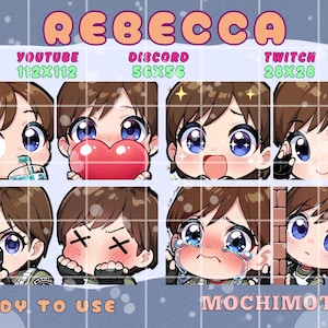 May include: A collection of eight anime-style character emotes with brown hair and large blue eyes. The emotes are labeled "REBECCA" and are designed for use on platforms like YouTube, Discord, and Twitch. The text "READY TO USE" and "MOCHIMOTES" are also included.