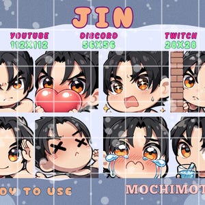 Könnte beinhalten: Eine Sammlung von acht Emotes im Chibi-Stil mit einem Charakter mit schwarzen Haaren und orangefarbenen Augen. Die Emotes zeigen verschiedene Ausdrücke, darunter das Halten einer Waffe, Erröten und Weinen. Text beinhaltet "JIN", "YOUTUBE 112X112", "DISCORD 56X56", "TWITCH 28X28", "READY TO USE" und "MOCHIMOTES".